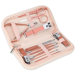 Nail Clippers And Beauty Tool Portable Set, Rose Gold Martensitic Stainless Steel Manicure Set 12 In 1, With Pink Leather Bag, Suitable For Home, Wor