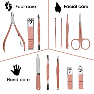 Nail Clippers And Beauty Tool Portable Set, Rose Gold Martensitic Stainless Steel Manicure Set 12 In 1, With Pink Leather Bag, Suitable For Home, Wor