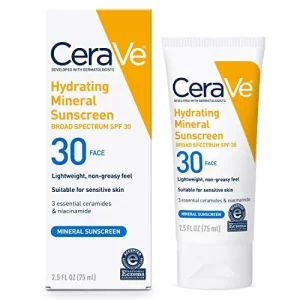 CeraVe 100% Mineral Sunscreen SPF 30 | Face sunscreen With Zinc Oxide & Titanium Dioxide | Hyaluronic Acid + Niacinamide + Ceramides | Oil Free Sunsc