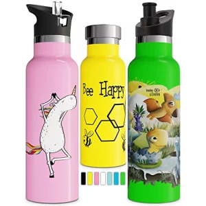 Involve & Evolve Pink Unicorn Insulated Water Bottle With 3 Lids (Straw Lid) Kids Reusable Double Walled Stainless Steel Flask Thermos 12Oz 17Oz 20Oz