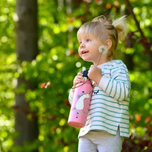 Involve & Evolve Pink Unicorn Insulated Water Bottle With 3 Lids (Straw Lid) Kids Reusable Double Walled Stainless Steel Flask Thermos 12Oz 17Oz 20Oz