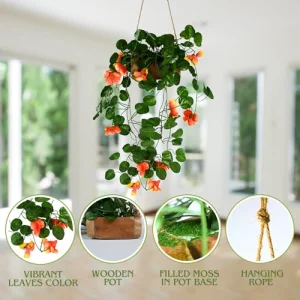 DecoreBugs Presents: Artificial Blossom Flowers with Wooden Pot, Hanging Plants, Leaves, and Creepers for Living Room Decoration, Home Decor and Beau