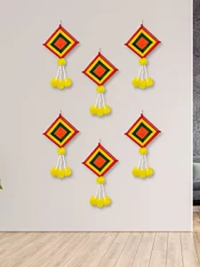 JH Gallery Handmade Artificial Marigold Fluffy Flowers Colorful Woolen Kite Hangings (39 Inches Height Approx.) (Pack of 6)