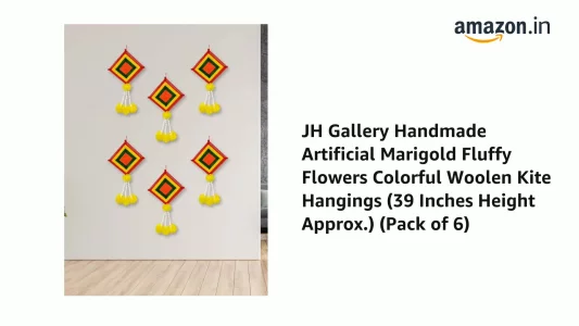 JH Gallery Handmade Artificial Marigold Fluffy Flowers Colorful Woolen Kite Hangings (39 Inches Height Approx.) (Pack of 6)
