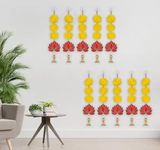 DIPTI HANDICRAFT Artificial Marigold Fluffy Flowers and Golden/Lotus Hanging Bells Short Garlands/Torans/Wall hangings for Decoration/Toran for Home