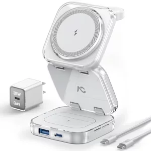 Wireless Charger for MagSafe, AC Island 5-in-1 Portable Travel Charging Station, 15W Max Fast Foldable Magnetic Stand, Evolved for iPhone 16151413 Se