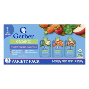 Gerber Stage 2 Baby Food Organic Fruit and Veggie Favorites Puree Pouches Variety Pack No Added Sweetener Baby Food Pouches 9-Pack