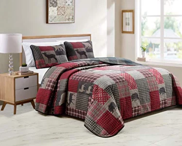 Rustic Log Cabin Lodge Quilted Grey Charcoal Deep Red Reversible Plaid Bear Patchwork Bedspread Coverlet Bedding Set - Plaid Bear KingCal-King