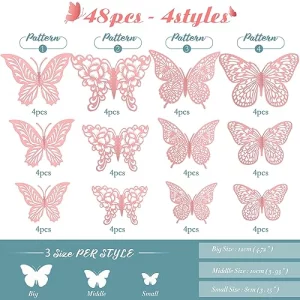 3D Pink Butterfly Wall Decor 3 Sizes 4 Styles Butterfly Party Decorations Cake Decorations Removable Stickers Wall Decor Room Mural Metallic Kids Pin