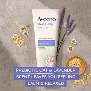 Aveeno Stress Relief Body Scrub Exfoliating Body Wash for Softer Smoother Skin Formulated with Prebiotic Oat Lavender Scent to Calm Relax Sulfate-F