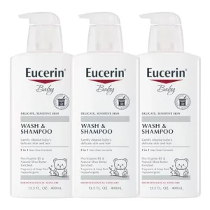 Eucerin Baby Wash & Shampoo - 2 In 1 Tear Free Formula, Hypoallergenic & Fragrance Free, Nourish And Soothe Sensitive Skin - 13.5 Fl Oz (Pack Of 3)
