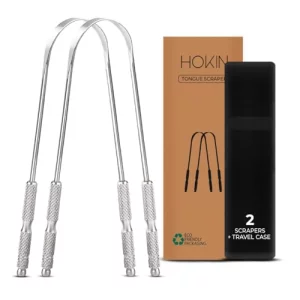 Tongue Scraper For Adults By Hokin (2Pcs Oral Care Pack) Stainless Steel Tongue Cleaners Reduce Bad Breath 100% Metal Tough Scrapers Men And Women Hy
