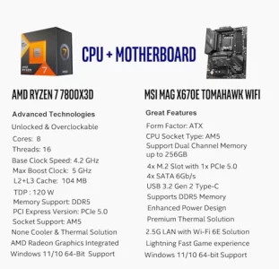 INLAND AMD Ryzen 7 7800X3D CPU Processor with MSI MAG X670E Tomahawk WiFi Gaming Motherboard AM5 DDR5 PCIe 5.0 USB 3.2 Gen 2 Wi-Fi 6E ATX Soly by Mic