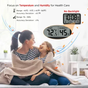 WallarGe Auto Set Digital Wall Clock Battery Operated, Desk Clocks with Temperature, Humidity and Date, Large Display Digital Calendar Alarm Clock fo