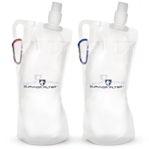 Survivor Filter Collapsible Water Bottles, Canteens (33oz) 2 Pack (2L Total) - Durable Carabiners and Handles. Squeeze Water through a Filter or Use