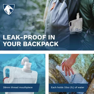 Survivor Filter Collapsible Water Bottles, Canteens (33oz) 2 Pack (2L Total) - Durable Carabiners and Handles. Squeeze Water through a Filter or Use