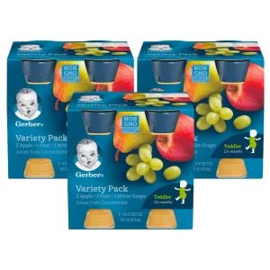 Gerber Fruit Juice Variety Pack, 2 Apple, 1 Pear, 1 White Grape, 4 FL OZ Each, 4 CT/Pack (Pack of 3 Boxes)