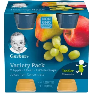 Gerber Fruit Juice Variety Pack, 2 Apple, 1 Pear, 1 White Grape, 4 FL OZ Each, 4 CT/Pack (Pack of 3 Boxes)