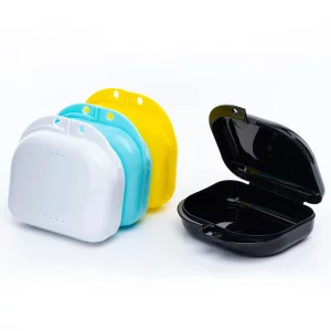 BOOMIBOO Retainer Case with Vent Holes, 4 Pcs Denture Case, Durable & Similar Mouth Guard Case for Black, White, Yellow and Blue - Tight Snap Lock, E