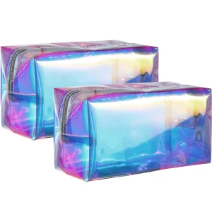 Boao 2 Pieces Clear Iridescent Holographic Makeup Bag Cosmetic Toiletry Bag Pouch Waterproof Portable Skinny Glitter Pencil Case Travel Handbag for M