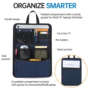 DELTAMANN Slim Rugged Backpack Organizer Insert for Business Casual Men Women -13 Pockets,Padded Nylon,Max 14'' laptop - Navy
