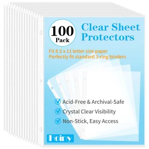 100 Pack Clear Sheet Protectors 8.5 x 11 Inch, Letter Size Page Protectors for 3 Ring Binder, Premium Polypropylene, Reinforced Holes, Acid Free, Top