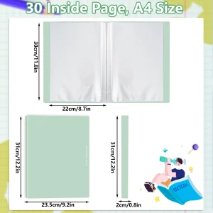 Whaline 5-Pack A4 Green Plastic Presentation Books with 30 Pockets Each, Modern Style, 1/3 Cut Tabs, Top Position, 31x23x1.9cm, Polypropylene (PP) Ma