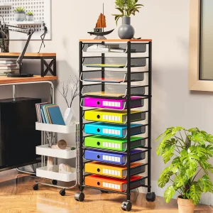 Simple Trending 12 Tier Rolling File Cart,Wood Desk File Organizer with Sliding Trays and Wetal Mesh Paper Letter Storage Multi-Functional Rolling Cl