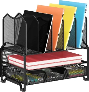 Simple Trending Mesh Desk File Organizer, Office Supplies Desktop Storage with Sliding Drawer, Double Tray and 5 Upright Section Sorter Organizer, Bl