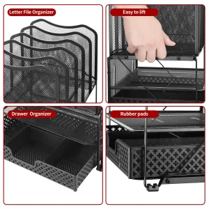 Simple Trending Mesh Desk File Organizer, Office Supplies Desktop Storage with Sliding Drawer, Double Tray and 5 Upright Section Sorter Organizer, Bl