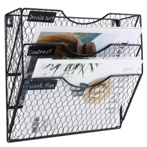 PAG Wall File Holder Hanging Mail Organizer Metal Chicken Wire Wall Mount Magazine Rack, 3-Tier, Black