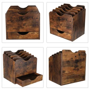 PAG Wood Desktop File Holder Organizer Mail Sorter with Drawer, for File Folders, Mails, Envelopes, Mailing Supplies or Magazines, 6 Compartments, An