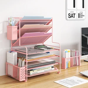 Simple Trending 7 Tier Desk File Organizer, Letter Tray Paper Organizer with Pen Holder and Metal Hanging Basket, Pink