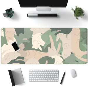 Green Simple Cat Desk Mat Sleeping Cute Long Cool Mouse Pad for Laptop Gaming Computer Keyboard Pad Office Decor Desk Pads Accessories On Top of Desk