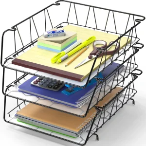 Simple Houseware Stackable Desk File Document Letter Tray with Liner, Wire Grid, 3 Packs, Black