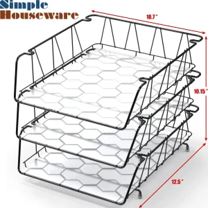 Simple Houseware Stackable Desk File Document Letter Tray with Liner, Wire Grid, 3 Packs, Black