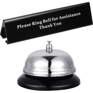 Boao Desk Service Dinner Bell Metal Silver Call Bell and Double Side No Receptionist Sign Please Ring Sign for Service Assistance for Hotel School Re