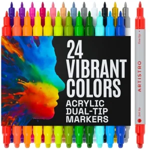 ARTISTRO 24 Acrylic Paint Markers for Rock, Fabric, Wood, Glass, Craft, Decoration - Dual-Tip Paint Pens - Stocking Stuffers, Christmas Gift Idea for