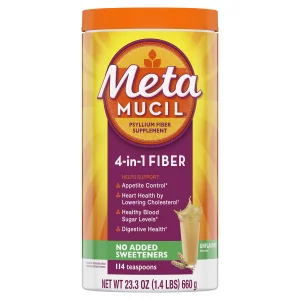 Metamucil Fiber, 4-in-1 Psyllium Fiber Supplement, Sugar Free Powder, Unflavored Drink, 114 Servings (Packaging May Vary)