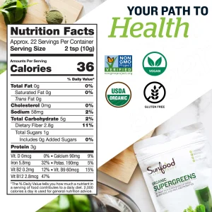 Sunfood Supergreens - Greens Superfood Powder, Super Greens Powder, Organic Greens Blend, Daily Green Juice Powder, Vegetable Smoothie Drink Mix for