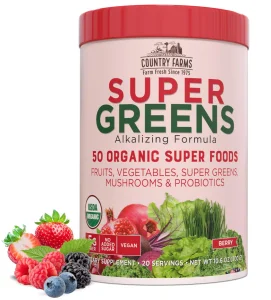 Country Farms Organic Super Greens Berry Flavor, 50 Organic Super Foods, Packed with Fiber, USDA Organic Drink Mix, Fruits, Vegetables, Mushrooms & P