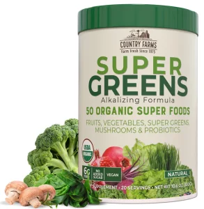 Country Farms Organic Super Greens Natural Flavor, 50 Organic Super Foods, Packed with Fiber, USDA Organic Drink Mix, Fruits, Vegetables, Mushrooms &