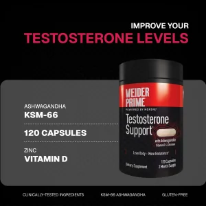 Weider Prime Testosterone Support - Men's Nutrition - Enriched with Vitamins & Minerals - with Ashwagandha, Chromax Chromium, Bioperine & Zinc - Glut
