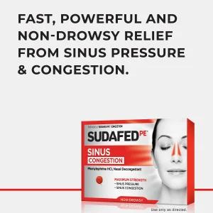 Sudafed PE Sinus Congestion Relief Tablets, Maximum Strength, Non-Drowsy 10 mg Phenylephrine HCI Decongestant for Sinus Pressure & Nasal Congestion R