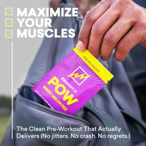 EBOOST POW Natural Pre Workout Powder - 15 Packets, Berry Melon Fizz - Preworkout Energy Booster Gym Supplement Drink Mix for Men and Women - Perform