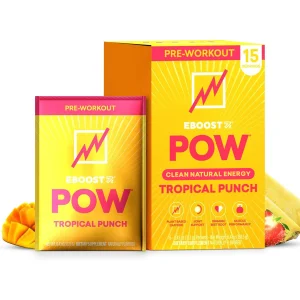 EBOOST POW Natural Pre Workout Powder - 15 Packets, Tropical Punch - Preworkout Energy Booster Gym Supplement Drink Mix for Men and Women - Performan