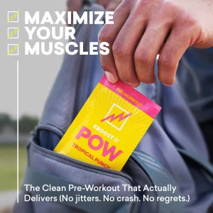 EBOOST POW Natural Pre Workout Powder - 15 Packets, Tropical Punch - Preworkout Energy Booster Gym Supplement Drink Mix for Men and Women - Performan