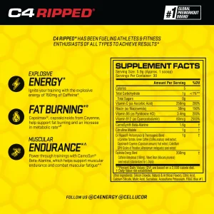 Cellucor C4 Ripped Pre Workout Powder for Energy, Beta Alanine, Sugar Free Energy Supplement Preworkout for Men & Women - 150mg Caffeine + Creatine-F
