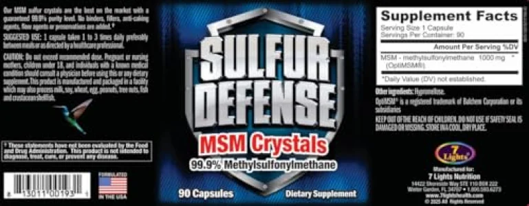 Sulfur Defense Opti-MSM 99.9% Pure MSM Powder Capsules, Made in USA, Organic Methylsulfonylmethane, Non-GMO, Gluten-Free, Immune System Booster, Soot