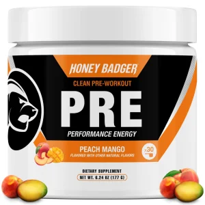 Honey Badger Pre Workout Powder, Keto Vegan Preworkout for Men & Women, Beta Alanine & Caffeine, Sugar Free Natural Energy Supplement, Peach Mango, 3